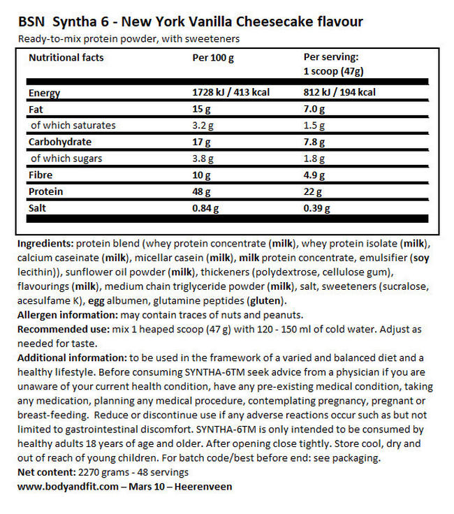 Syntha-6 Nutritional Information 1