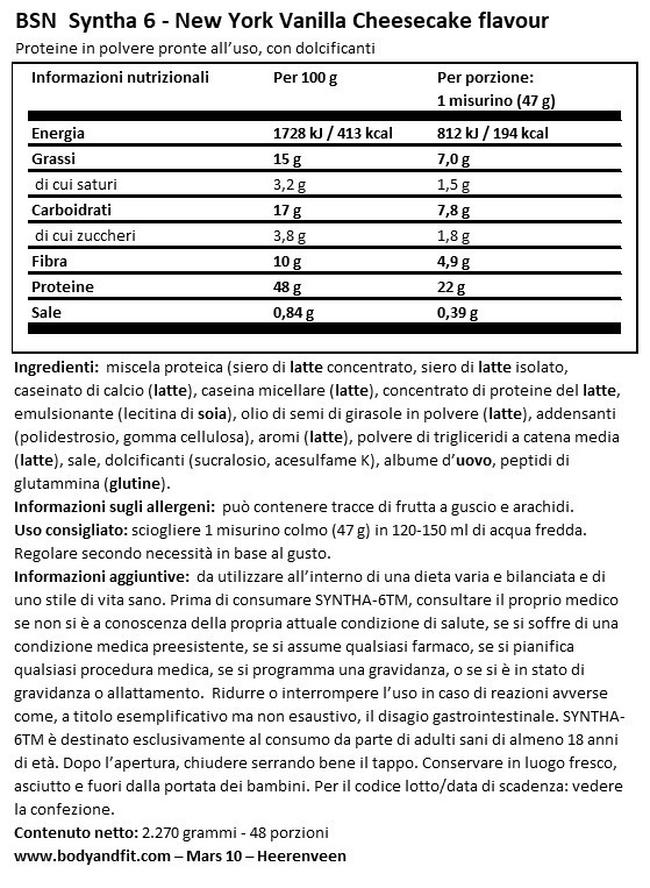 Syntha-6 Nutritional Information 1