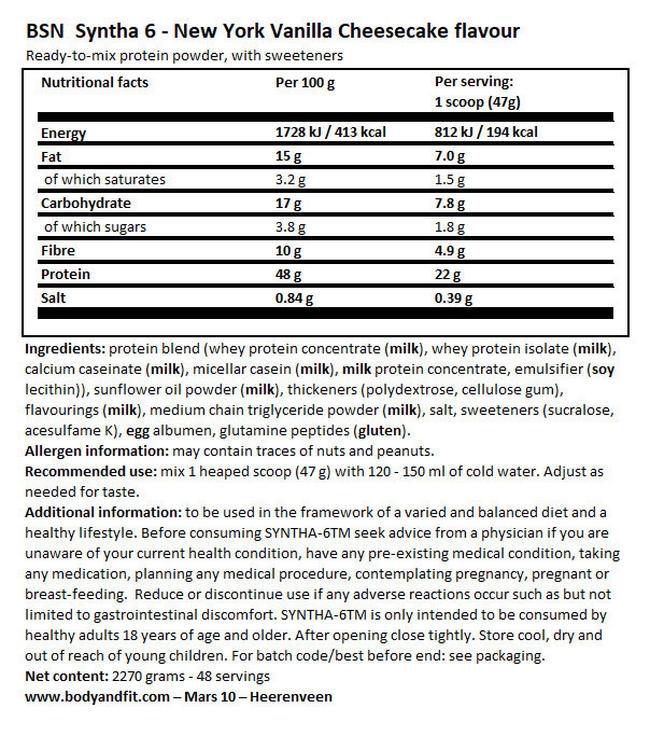 신타-6 (Syntha-6) Nutritional Information 1