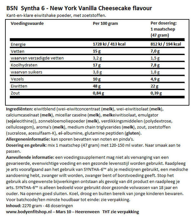 Syntha-6 Nutritional Information 1