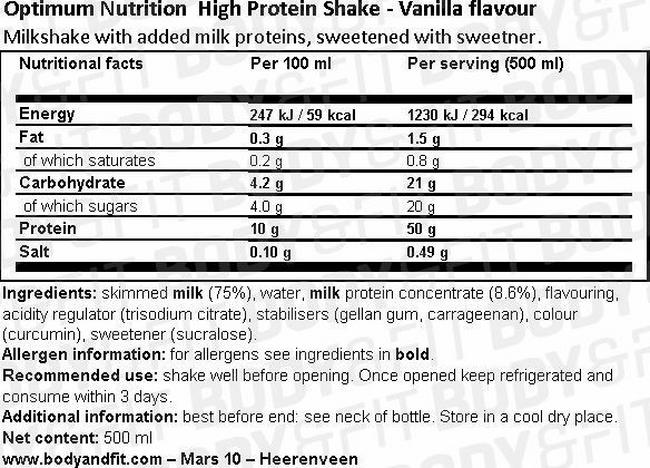 Optimum Protein Shake Nutritional Information 1
