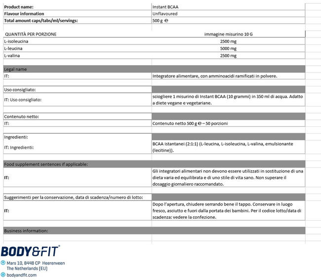 Instant BCAA Nutritional Information 1