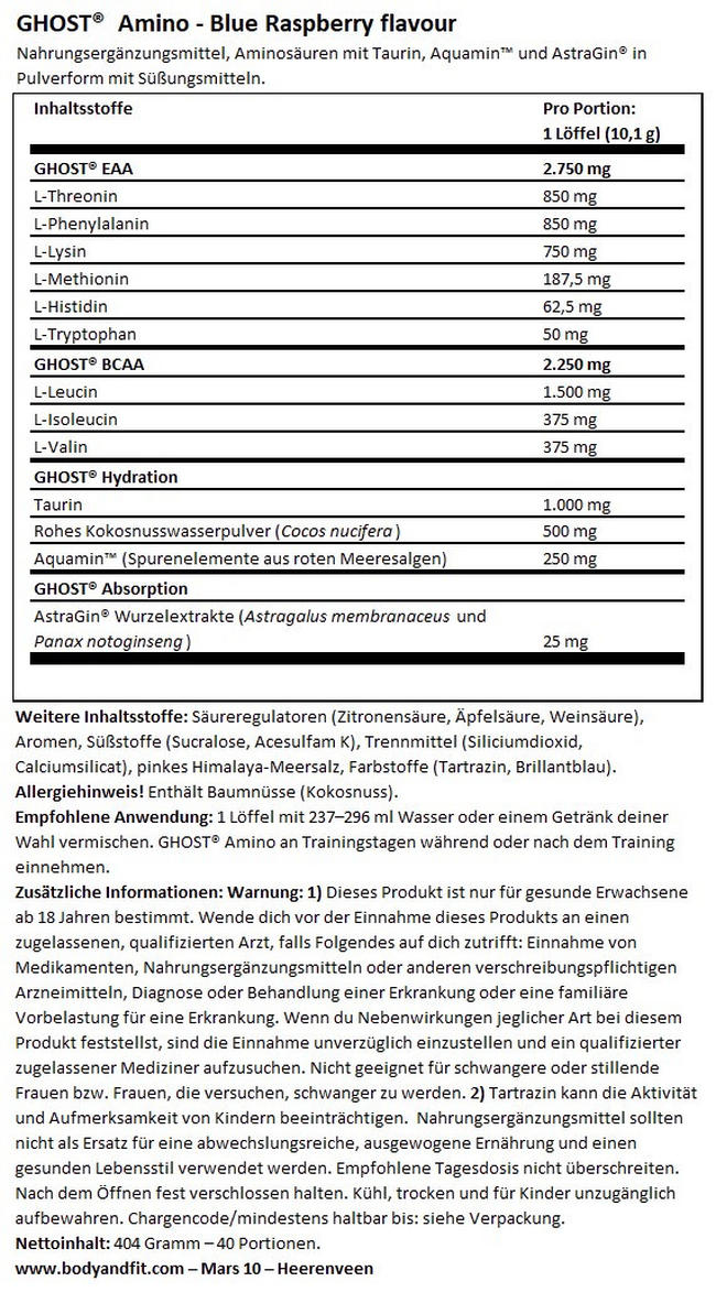 Ghost Amino V2 Nutritional Information 1