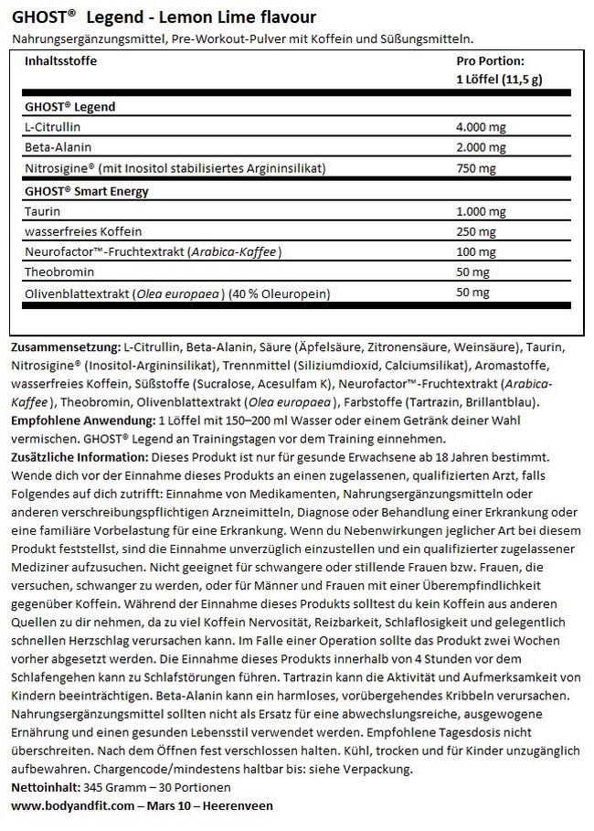 Ghost Legend Nutritional Information 1