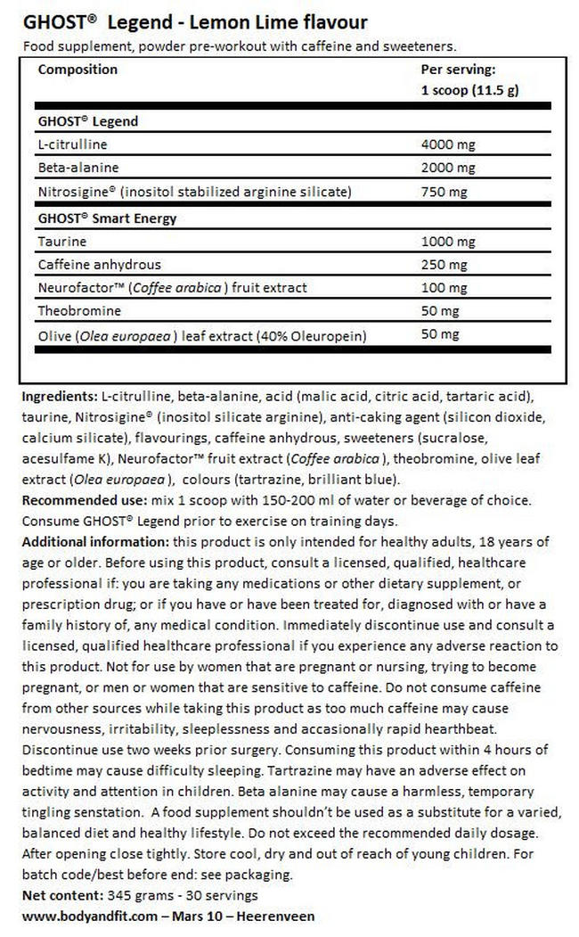 Ghost Legend Nutritional Information 1