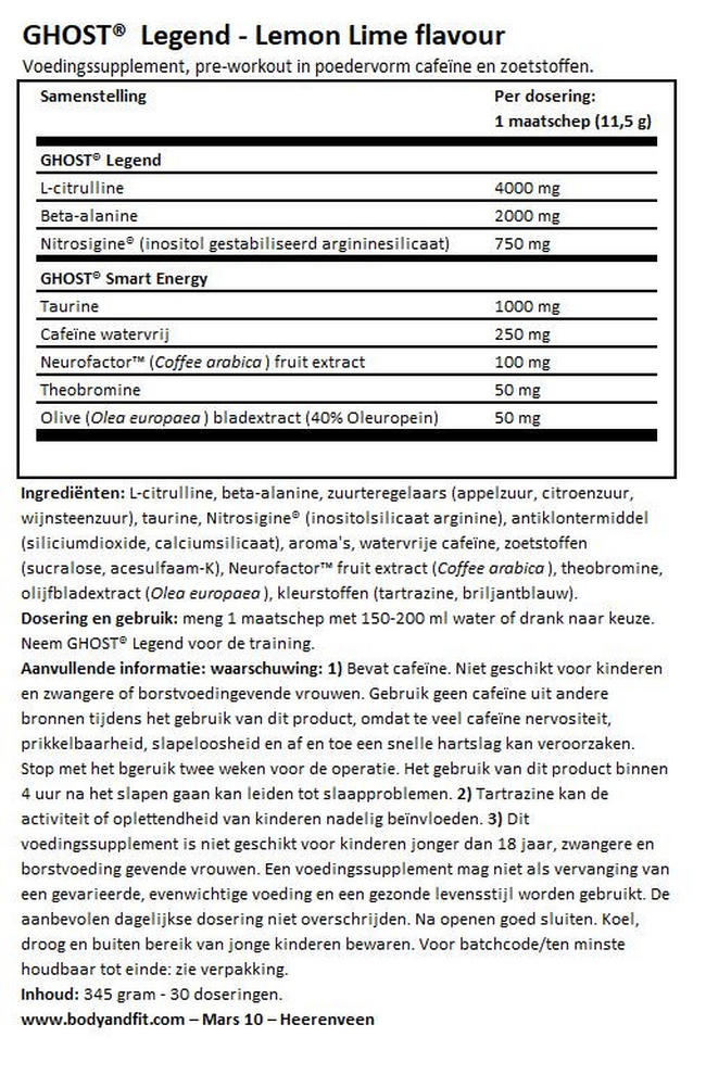 Ghost Legend Nutritional Information 1