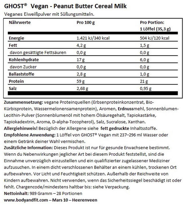 Ghost Vegan Protein Nutritional Information 1