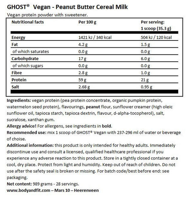 Ghost Vegan Protein Nutritional Information 1