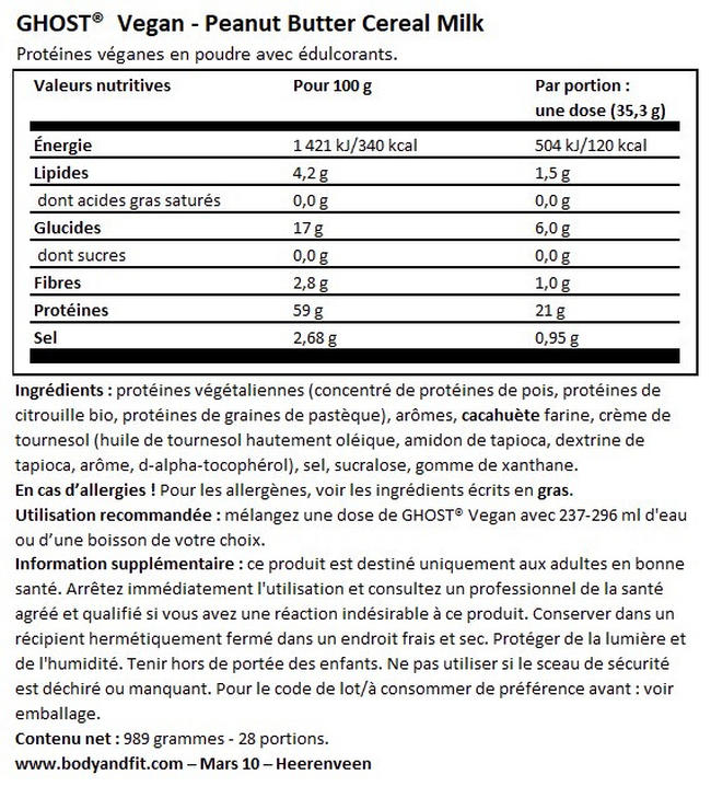 Ghost Vegan Protein Nutritional Information 1
