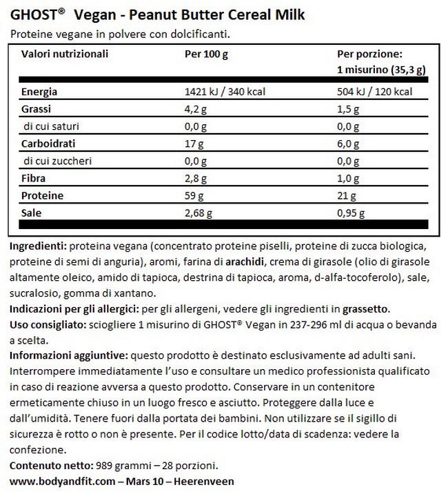 Ghost Proteina Vegana Nutritional Information 1