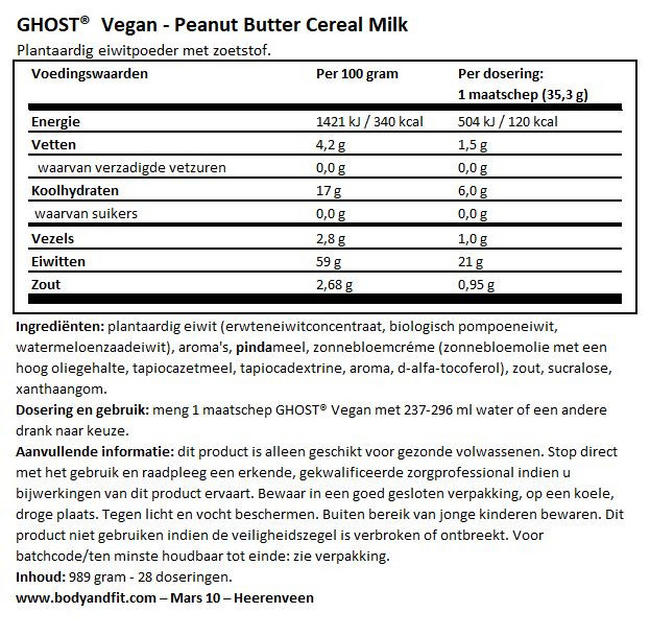 Ghost Vegan Protein Nutritional Information 1