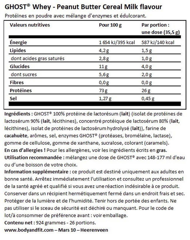 Ghost 100% Whey Nutritional Information 1