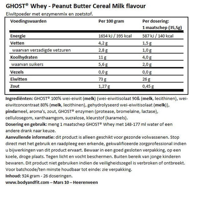 Ghost 100% Whey Nutritional Information 1