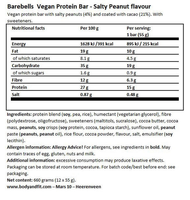 ビーガンプロテインバー Nutritional Information 1