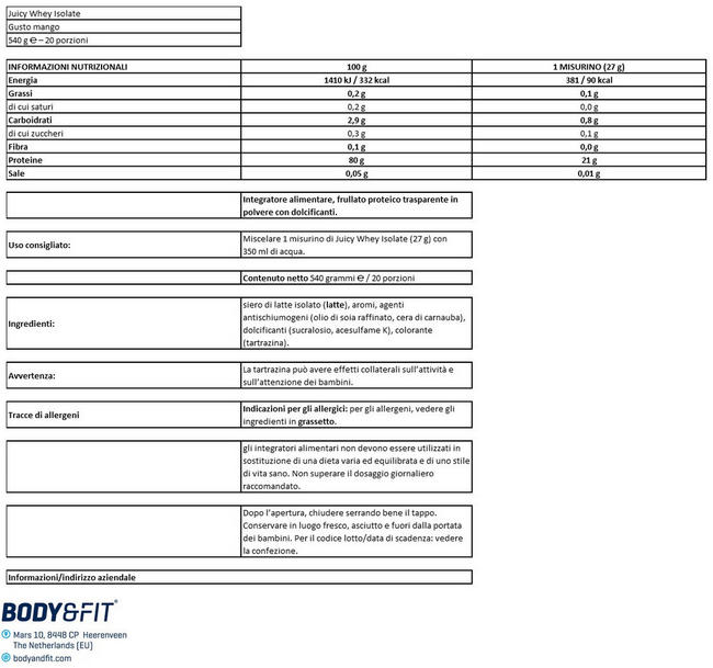 Clear Whey Isolate Nutritional Information 1
