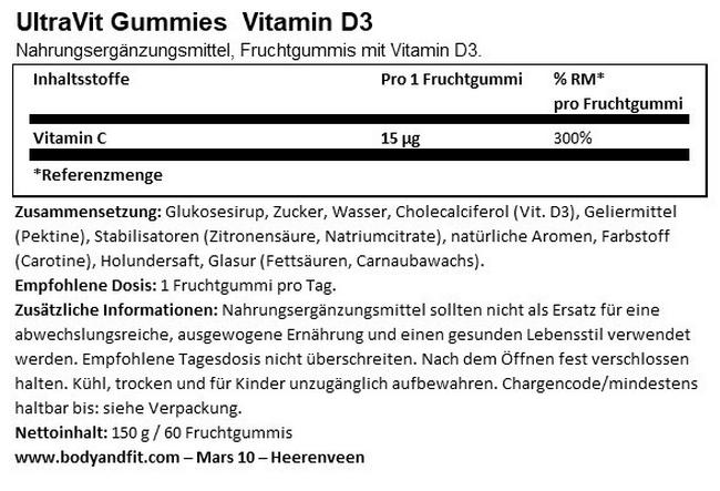 UltraVit Gummies Vitamin D3 - 60 Gummies Nutritional Information 1
