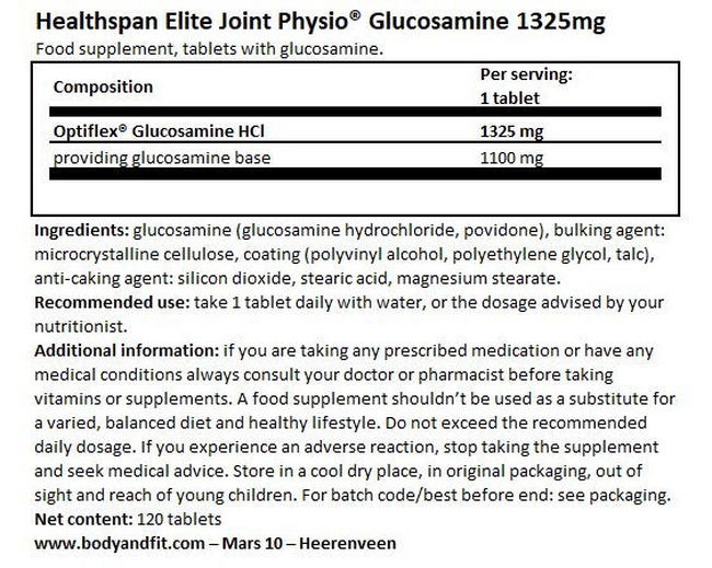 Healthspan Elite Joint Physio® Glucosamine 1,325mg Nutritional Information 1