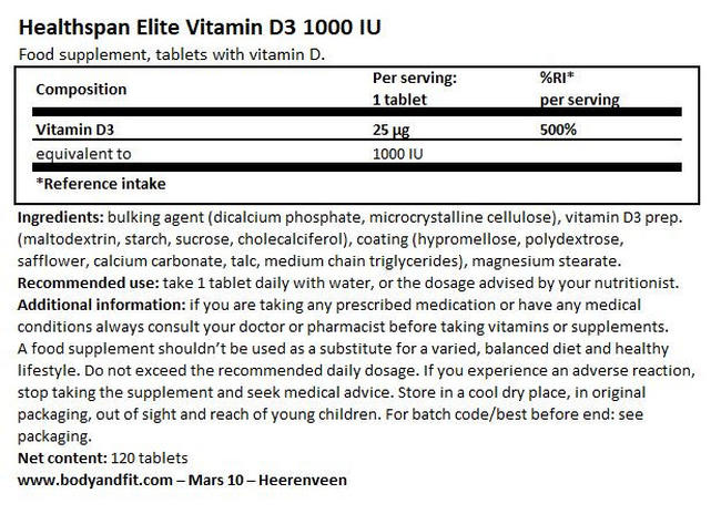 Elite 1,000iu ビタミン D3  Nutritional Information 1