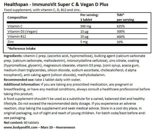 ImmunoVit スーパー C & ビーガン D プラス Nutritional Information 1