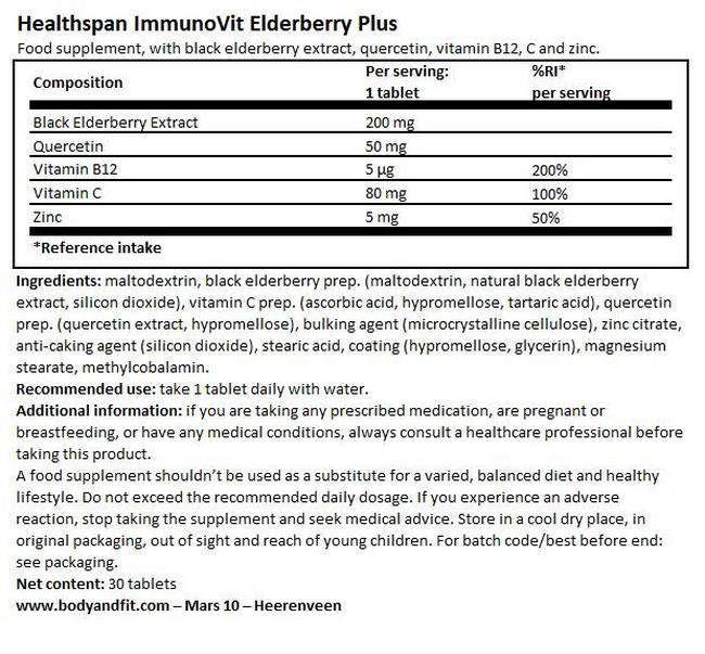 ImmunoVit Elderberry Plus Nutritional Information 1