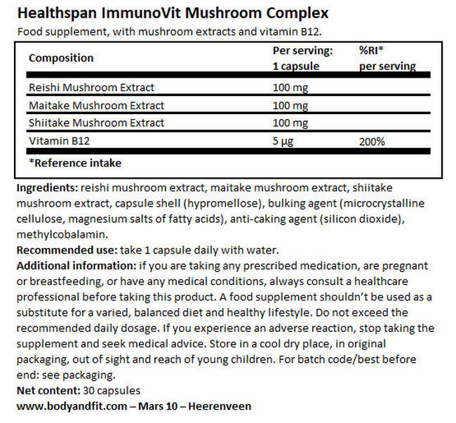ImmunoVit Mushroom Complex Nutritional Information 1