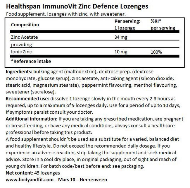 ImmunoVit Zinc Defence Lozenges Nutritional Information 1