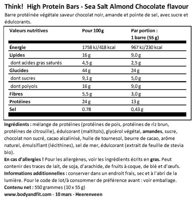 Barre protéineé végétalienne Think! Vegan Bar Nutritional Information 1