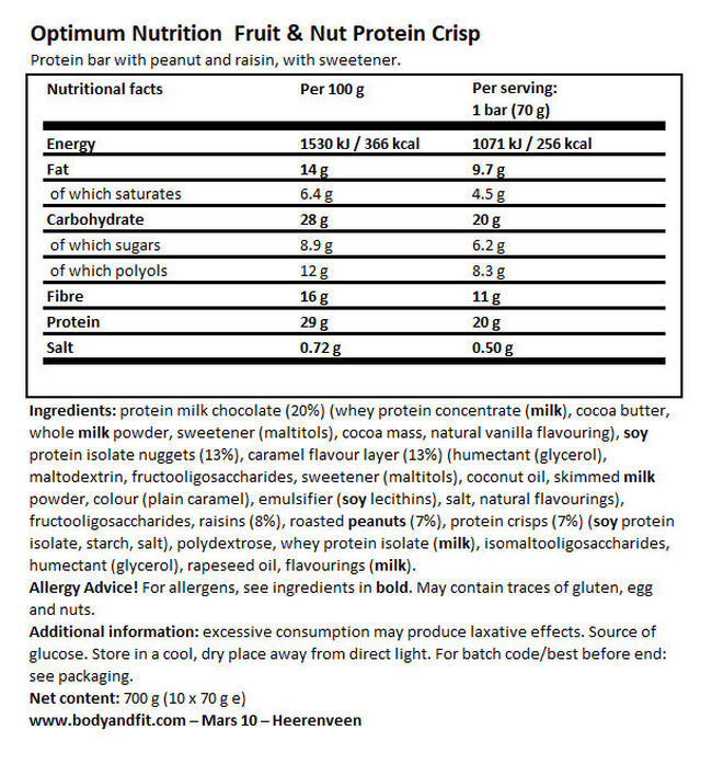 Fruit & Nut Protein Crisp Bar  Nutritional Information 1
