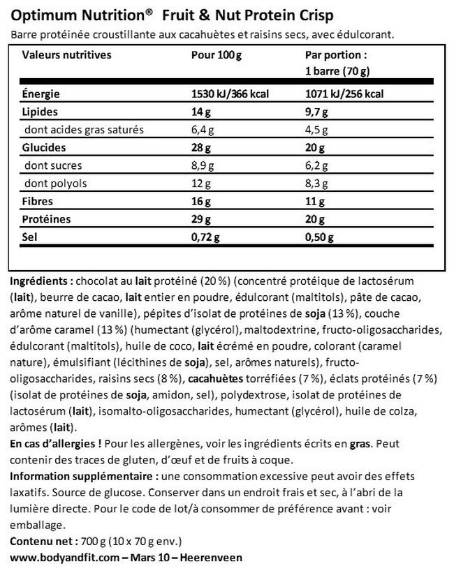 Barre protéiné Fruit & Nut Protein Crisp Bar  Nutritional Information 1