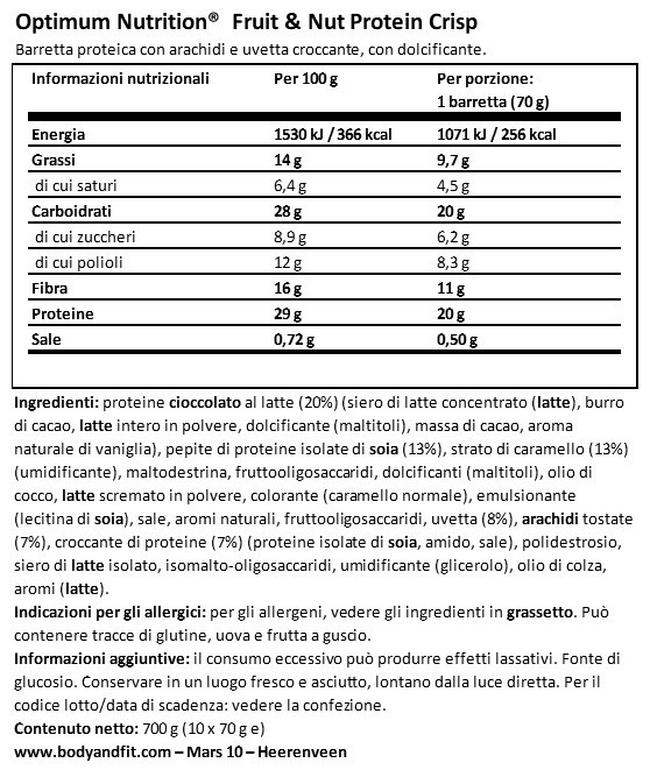 Fruit & Nut Protein Crisp Bar Nutritional Information 1