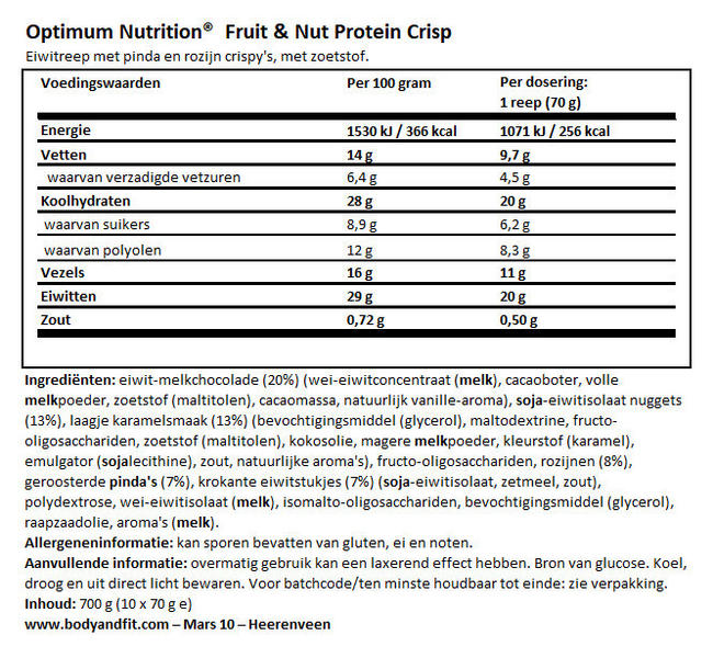 Fruit & Nut Protein Crisp Bar Nutritional Information 1