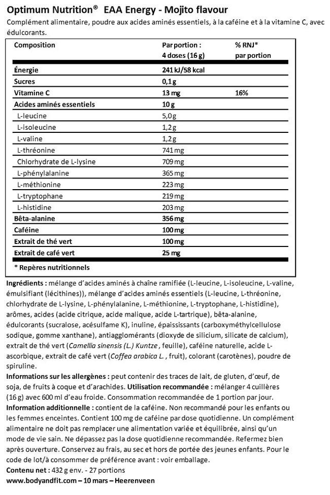 ON EAA Energy Nutritional Information 1
