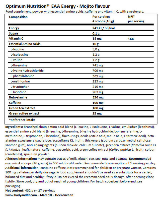 ON EAA エナジー Nutritional Information 1