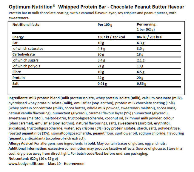 Whipped  Protein Bar Nutritional Information 1