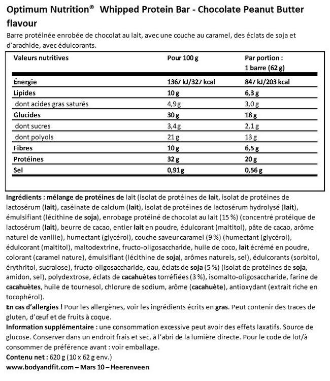 Barres protéinées Whipped Protein Bar Nutritional Information 1