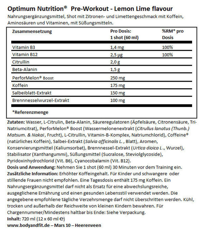Gold Standard Preworkout Shot Nutritional Information 1