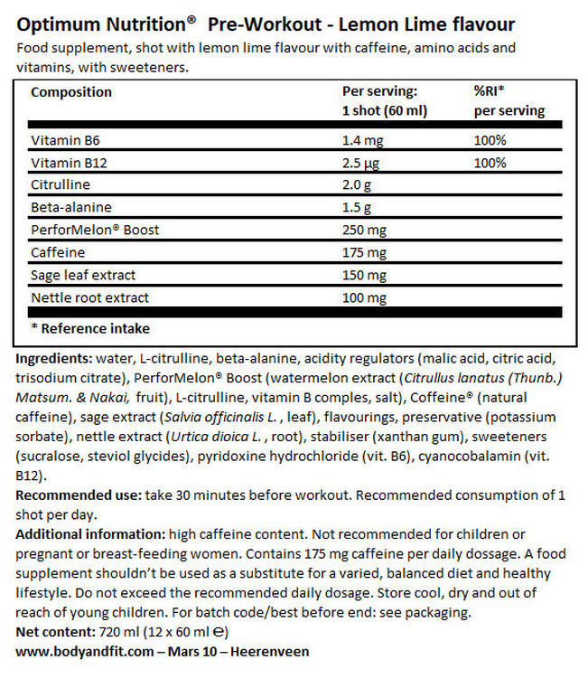 Gold Standard Preworkout Shot Nutritional Information 1