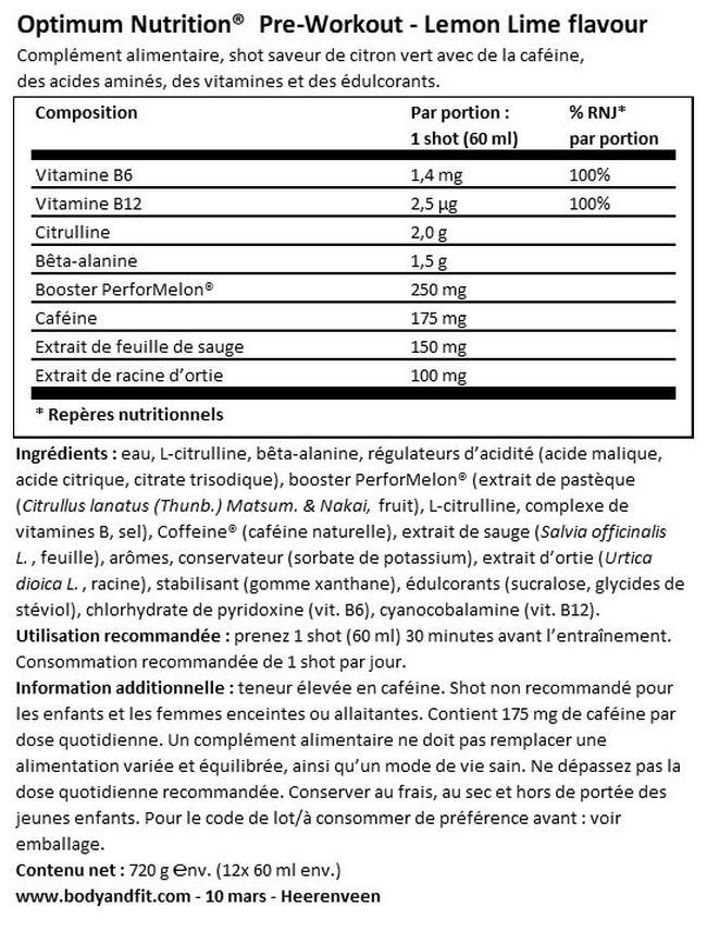 Gold Standard Preworkout Shot Nutritional Information 1