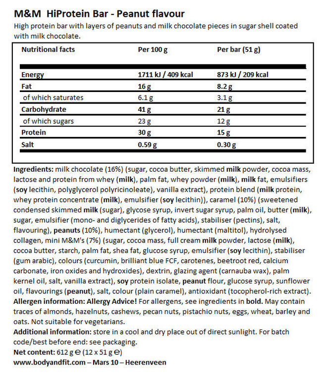 M&MS PROTEIN BAR Nutritional Information 1