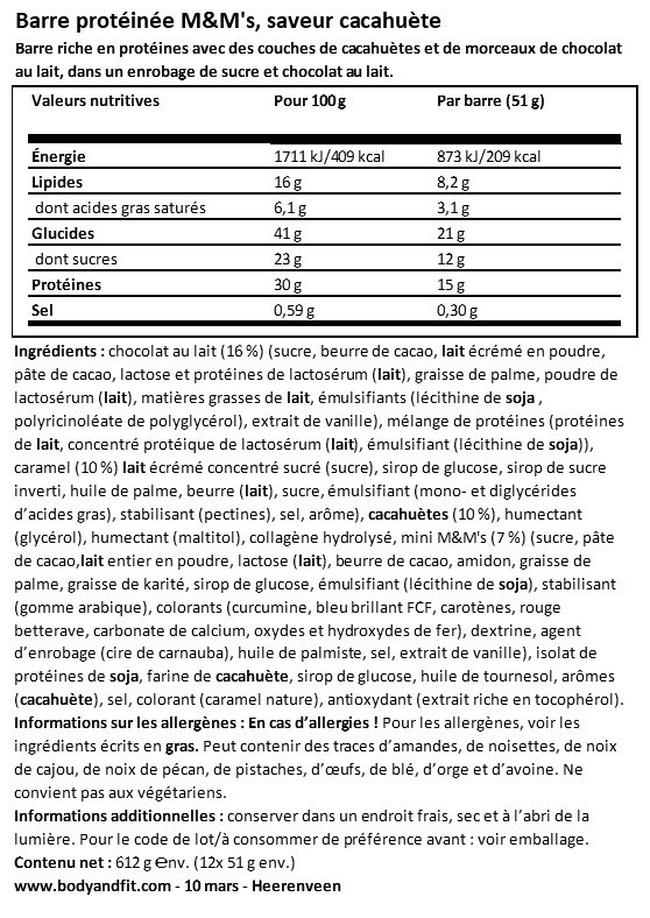 M&MS PROTEIN BAR Nutritional Information 1