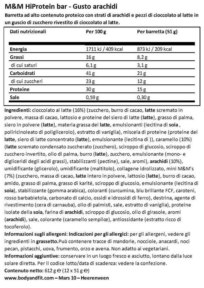 Barretta proteica M&Ms | Mars  Nutritional Information 1