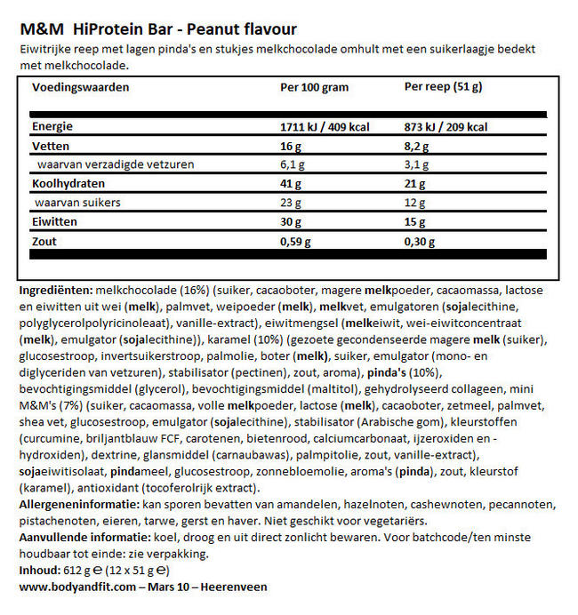 M&Ms Protein Bar Nutritional Information 1