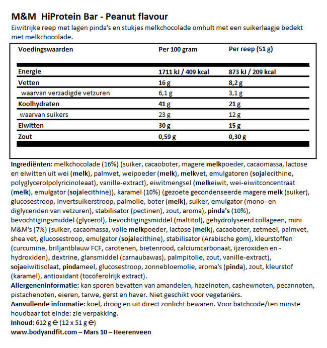M&Ms Protein Bar | Mars  Nutritional Information 1