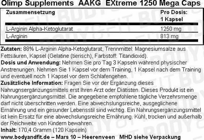 AAKG eXtreme 1250 Mega Caps Nutritional Information 1