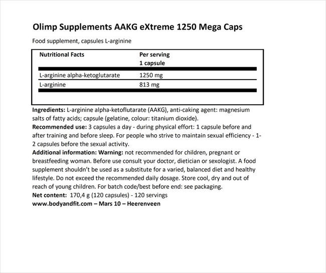 AAKG eXtreme 1250 Mega Caps Nutritional Information 1