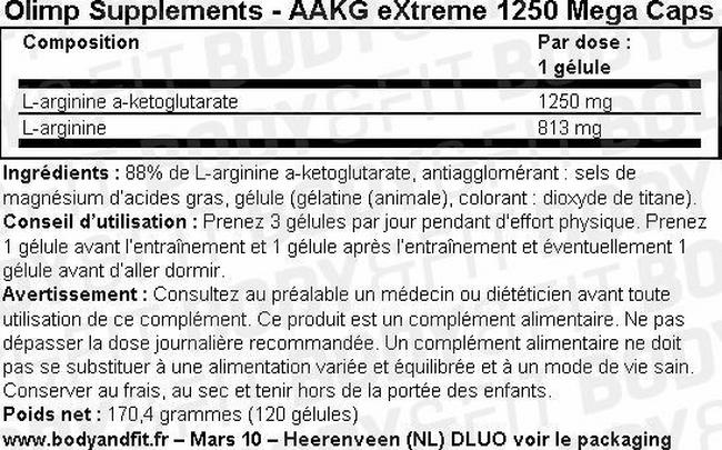 AAKG eXtreme 1250 Mega Caps Nutritional Information 1