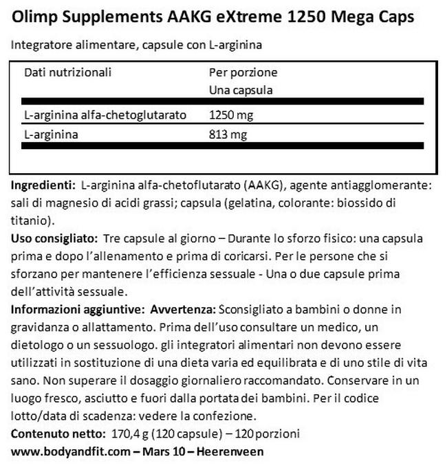 AAKG eXtreme 1250 Mega Caps Nutritional Information 1