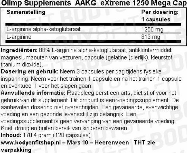 AAKG eXtreme 1250 Mega Caps Nutritional Information 1