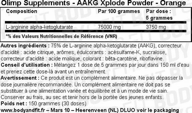 Poudre AAKG Xplode Nutritional Information 1
