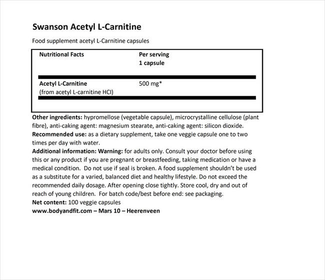 Acetyl L-Carnitine 500mg Nutritional Information 1